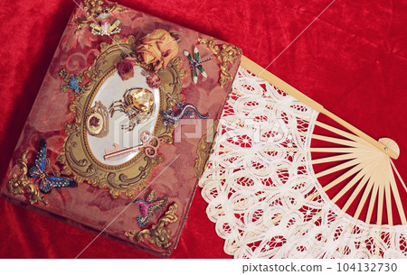 Antique Book With Colorful Gemstones and Mirror. Fairy Tale Romance Book 104132730