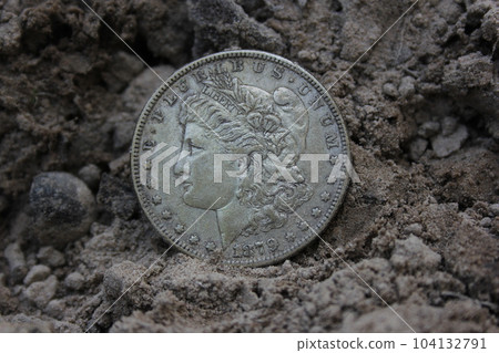 1879 Morgan Silver Dollar On Ground in Dirt Front View 1879 Morgan Silver Dollar On Ground in Dirt Front View 104132791