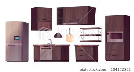 Kitchen room interior with tables, fridge, stove 104132891