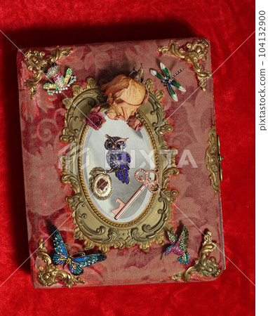 Antique Book With Colorful Gemstones and Mirror. Fairy Tale Romance Book 104132900