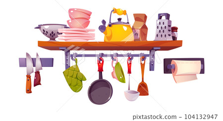 Kitchen shelf with utensil and dish vector set 104132947