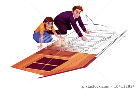 Woman draw house sketch project to show man client Woman draw house sketch project to show man client 104132954