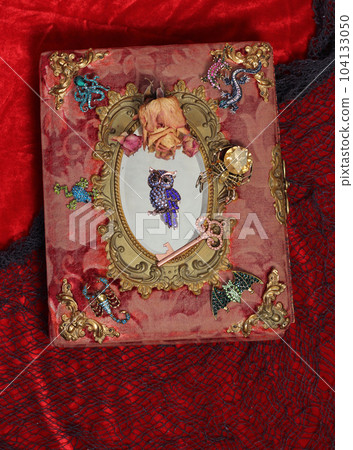 Antique Victorian Era Book With Colorful Gemstones added. Fairy Tale Scary Book With Scorpion and Bat 104133050