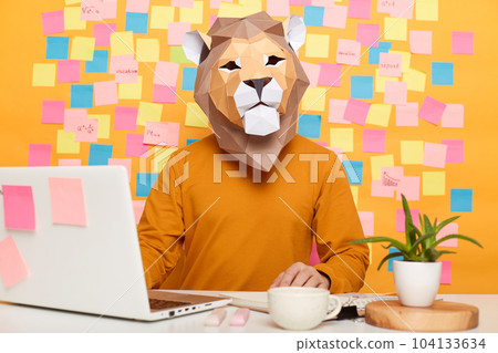 Indoor shot of calm unknown man in lion mask wearing orange jumper sitting at workplace with laptop, posing against yellow wall with stickers, looking at camera, working in office. Indoor shot of calm unknown man in lion mask wearing orange jumper sitting at workplace with laptop, posing against yellow wall with stickers, looking at camera, working in office. 104133634