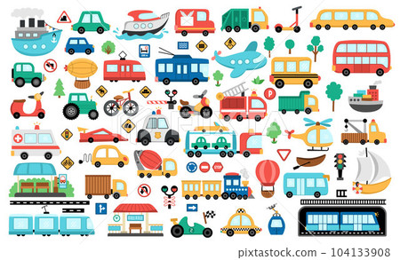 Vector transportation set. Funny water, land, air underground transport collection for kids. Cars and vehicles clip art. Cute train, truck, fire engine, metro, bus, plane, helicopter, road signs icons Vector transportation set. Funny water, land, air underground transport collection for kids. Cars and vehicles clip art. Cute train, truck, fire engine, metro, bus, plane, helicopter, road signs icons 104133908