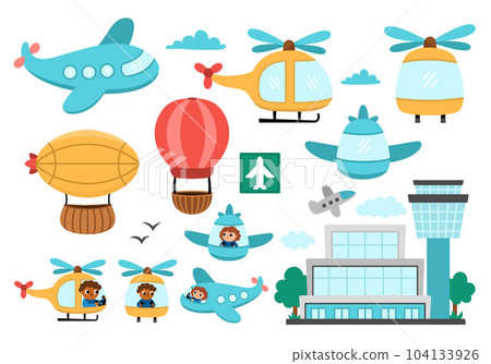 Vector air transport set. Funny transportation collection with plane, zeppelin, helicopter, hot air balloon, clouds, airport clip art for kids. Cute airborne vehicles icons with front and side view 104133926