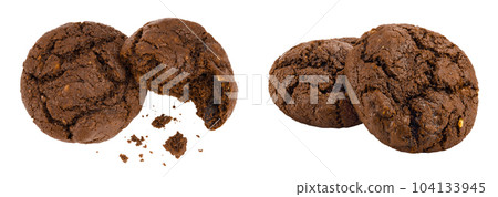 chocolate cookies broken isolated on white background with full depth of field. Top view. Flat lay chocolate cookies broken isolated on white background with full depth of field. Top view. Flat lay 104133945