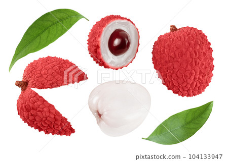 lychee fruit isolated on white background with full depth of field. Top view. Flat lay lychee fruit isolated on white background with full depth of field. Top view. Flat lay 104133947