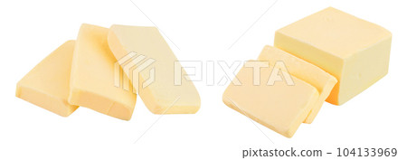 butter slices isolated on white background with full depth of field 104133969