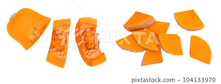 pumpkin or butternut squash slice isolated on white background with full depth of field. Top view. Flat lay pumpkin or butternut squash slice isolated on white background with full depth of field. Top view. Flat lay 104133970
