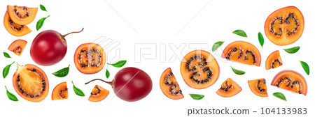 Fresh tamarillo fruit with leaves isolated on white background with copy space for your text. Top view. Flat lay Fresh tamarillo fruit with leaves isolated on white background with copy space for your text. Top view. Flat lay 104133983