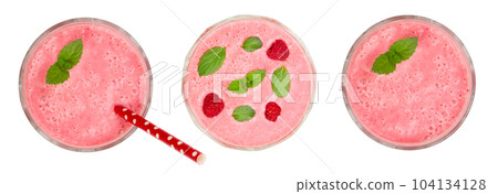 raspberry yogurt with mint leaves isolated on white background. Top view 104134128