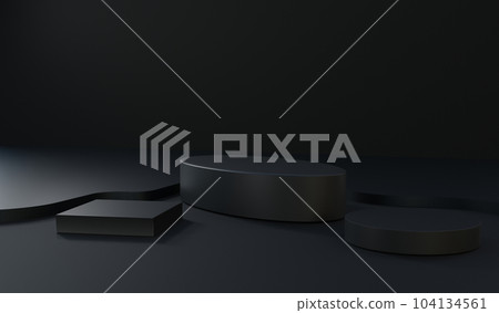 3d rendering dark black background with geometric shapes, empty podium on the floor. Product display platform, base abstract composition design, studio booth, promotion 3d rendering dark black background with geometric shapes, empty podium on the floor. Product display platform, base abstract composition design, studio booth, promotion 104134561