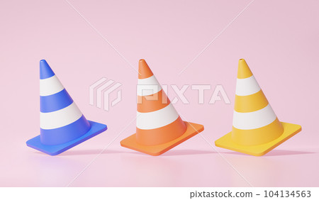 Accident prevention alarm concept. There are three green, orange, and indigo traffic cones on a powder red background Accident prevention alarm concept. There are three green, orange, and indigo traffic cones on a powder red background 104134563