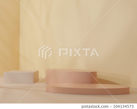 3D illustration golden podium with geometric shapes in the background, two-story base, gradient from small to large, a platform for displaying products 3D illustration golden podium with geometric shapes in the background, two-story base, gradient from small to large, a platform for displaying products 104134573