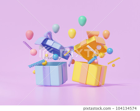 Balloons on a floating purple background in six different colors. happy birthday colorful paper scraps concept 104134574