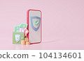 3D rendering wallet and smartphone isometric view. Technology security concept. Coin, debit card, credit card financial savings online payment transfer pink background 104134601