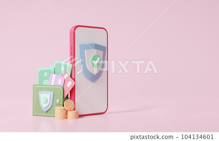 3D渲染錢包和智能手機等軸測圖。 科技安全概念。 硬幣，借記卡，信用卡金融儲蓄線上支付轉帳粉紅色背景 104134601