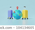 Simulated earth and blue background, replication space, holiday travel holiday summer conceptual travel world travel different needle position gift box 104134605
