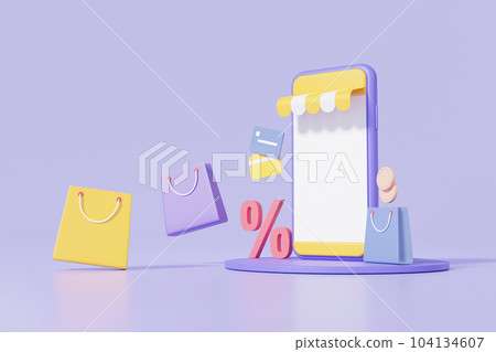模擬智能手機在線購物概念。購物袋懸停店鋪店面靈活背景，折疊，促銷，銷售，寬度，客服網點 104134607