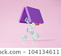 Banknotes dollars falling out of a purple suitcase on a pink background 104134611