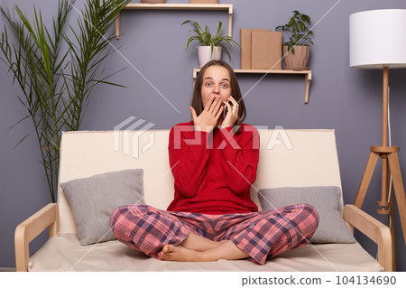 Indoor shot of shocked astonished brown-haired female wearing red sweater and checkered pants sitting on cough in room at home, talking on smart phone, hearing breaking news, covering mouth with palm. Indoor shot of shocked astonished brown-haired female wearing red sweater and checkered pants sitting on cough in room at home, talking on smart phone, hearing breaking news, covering mouth with palm. 104134690