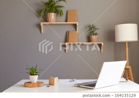 White laptop computer, plant and documents on wooden table in empty office, lamp, shelves with flowers on gray wall. White laptop computer, plant and documents on wooden table in empty office, lamp, shelves with flowers on gray wall. 104135129