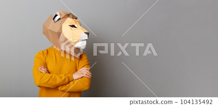 Portrait of anonymous man wearing lion mask and orange sweatshirt isolated over gray background, keeps hands folded, looking away at free space, advertising area, 104135492