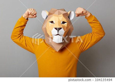 Indoor shot of strong confident man with lion mask with wearing casual style orange jumper, standing with raised arms, showing his power, posing isolated over gray background. Indoor shot of strong confident man with lion mask with wearing casual style orange jumper, standing with raised arms, showing his power, posing isolated over gray background. 104135494