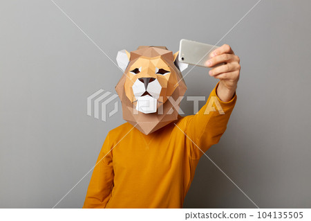 Portrait of man wearing casual sweater and paper king mask standing isolated over gray background, standing with mobile phone in hand, making selfie or having video call. 104135505