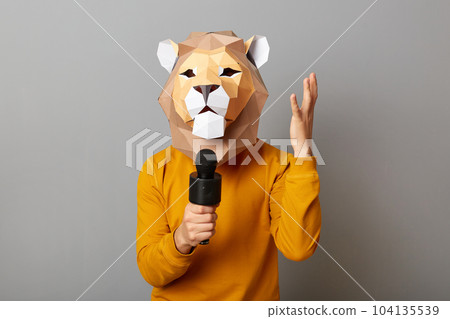 Horizontal shot of angry unknown man journalist wearing lion mask and orange jumper making reportage, telling something to audience isolated over gray background. Horizontal shot of angry unknown man journalist wearing lion mask and orange jumper making reportage, telling something to audience isolated over gray background. 104135539