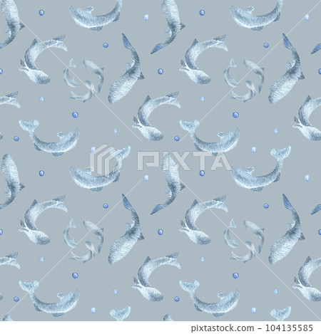 Fish silhouettes salmon, trout watercolor seamless pattern isolated on blue background. Swimming wild blue fish hand drawn. Design element for package, label, textile, wrapping, background, print Fish silhouettes salmon, trout watercolor seamless pattern isolated on blue background. Swimming wild blue fish hand drawn. Design element for package, label, textile, wrapping, background, print 104135585