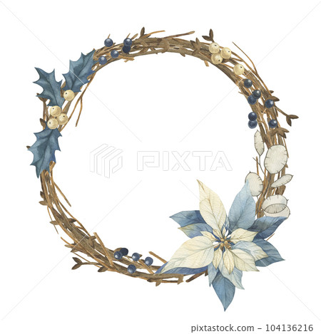 Watercolor christmas wreath with decor. New year tree and wood branch wreath with holly, mistletoe and poinsettia for design, print or background. 104136216