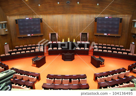 Conference roomor council with chairs and tables of the Congress for presentations and decks information graphics, prints layout covering books, magazine pages, advertisement, ads campaign materials 104136495