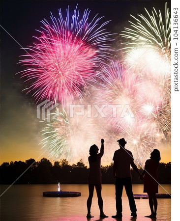 Friends enjoying fireworks in the night sky Friends enjoying fireworks in the night sky 104136643