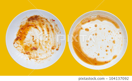 Dirty dishes on yellow background. Top view Dirty dishes on yellow background. Top view 104137092