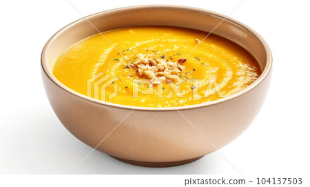 Delicious pumpkin puree soup, for restaurant menu, healthy eating concept Delicious pumpkin puree soup, for restaurant menu, healthy eating concept 104137503