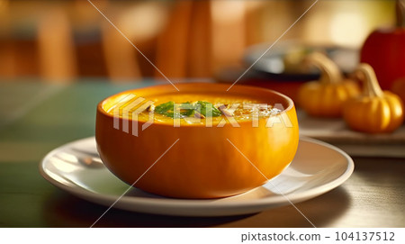 Delicious pumpkin puree soup, for restaurant menu, healthy eating concept Delicious pumpkin puree soup, for restaurant menu, healthy eating concept 104137512