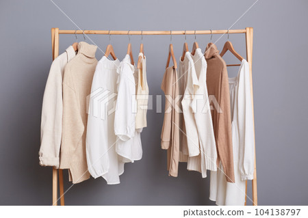 Indoor shot of pastel blouses, shirts, t shirts and sweater are hanging in wardrobe on shelf, basic wardrobe for a fashionista in a fashion store. 104138797