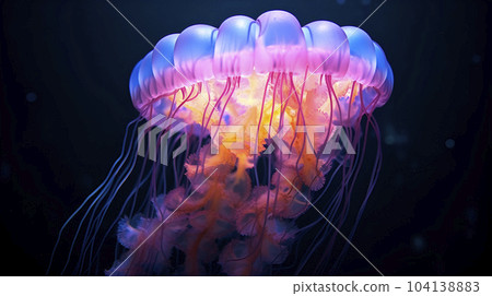 Light violet jellyfish underwater photography. Close up tentacles wild nature aquarium translucent dangerous poison water creature photo 104138883