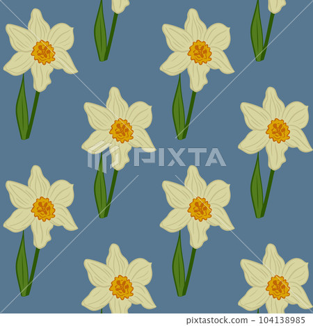 Floral seamless pattern with blooming daffodils. Flat vector flowers on blue background. Ideal for wrapping paper, background, wallpaper, textile, banner, scrapbooking, banner 104138985