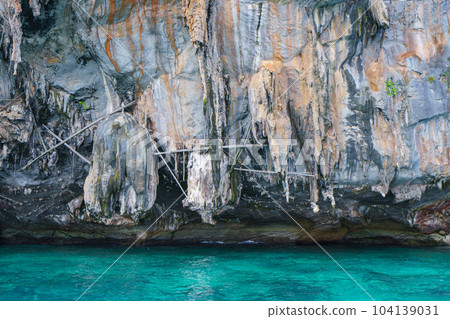 landscape Viking cave on Maya island on fantastic emerald lagoon sea at Koh Phi Phi Island Thailand, Pileh Lagoon 104139031