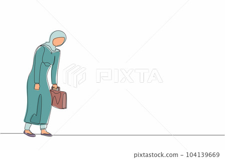 Continuous one line drawing sad Arab businesswoman looking down, holding briefcase. Woman having mental pressure or stress. Bankruptcy on global economic recession. Single line design vector graphic 104139669