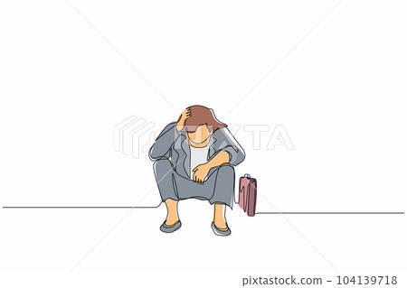 Single one line drawing businesswoman feeling sad, depression, holding head, and sitting on the floor. Frustrated worker mental health problems. Continuous line draw design graphic vector illustration Single one line drawing businesswoman feeling sad, depression, holding head, and sitting on the floor. Frustrated worker mental health problems. Continuous line draw design graphic vector illustration 104139718