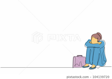 Single continuous line drawing depressed businesswoman suffer emotion sadness melancholy stress with briefcase sitting in despair on floor. Worker sad gesture expression. One line draw design vector Single continuous line drawing depressed businesswoman suffer emotion sadness melancholy stress with briefcase sitting in despair on floor. Worker sad gesture expression. One line draw design vector 104139720