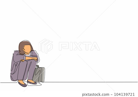 Continuous one line drawing depressed businesswoman suffer emotion sadness melancholy stress with briefcase sitting in despair on the floor. Worker feeling blue, stress. Single line draw design vector 104139721
