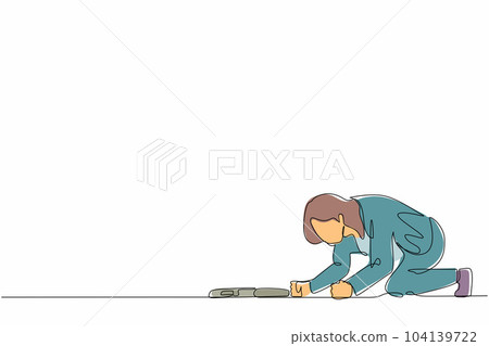 Single continuous line drawing depressed businesswoman with briefcase crawling in despair on floor. Frustrated office worker mental health problems. One line draw graphic design vector illustration Single continuous line drawing depressed businesswoman with briefcase crawling in despair on floor. Frustrated office worker mental health problems. One line draw graphic design vector illustration 104139722