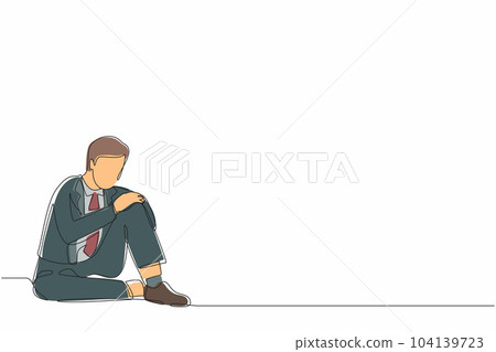 Single continuous line drawing very sad businessman sitting alone on the floor. Depressed young man disorder, sad, sorrow, disappointment symptom. One line draw graphic design vector illustration Single continuous line drawing very sad businessman sitting alone on the floor. Depressed young man disorder, sad, sorrow, disappointment symptom. One line draw graphic design vector illustration 104139723