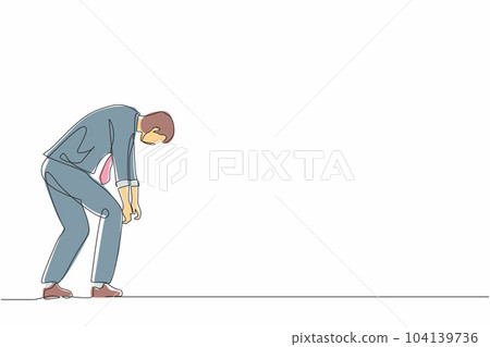 Continuous one line drawing sad businessman bowed down. Man feeling lonely and having mental pressure or stress. Bankruptcy on global economic recession, failure. Single line graphic design vector Continuous one line drawing sad businessman bowed down. Man feeling lonely and having mental pressure or stress. Bankruptcy on global economic recession, failure. Single line graphic design vector 104139736