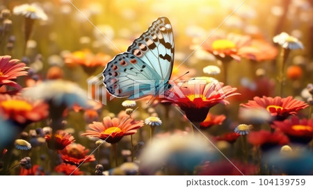 Butterfly with beautiful wild flowers background, Monarch butterflies in autumn blooming asters. 104139759